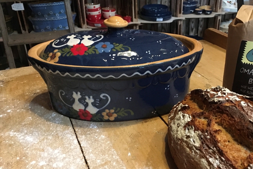 Brotbacktopf, blau mit Kätzchen-Dekor - auch zum Schmoren geeignet, holzbackofenfest
